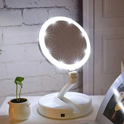 Portable Folding LED Makeup Mirror - 1x/10x Magnifying, Double-Sided, USB or Battery Operated, 270° Rotation