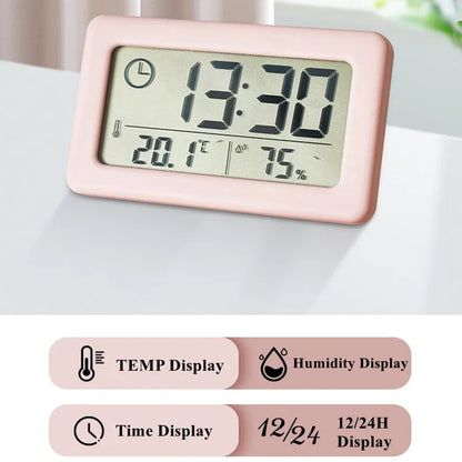 Mini Digital Clock Temperature Humidity - Portable Table Clock Thermometer Hygrometer - 12/24H Battery Operated LED Clock