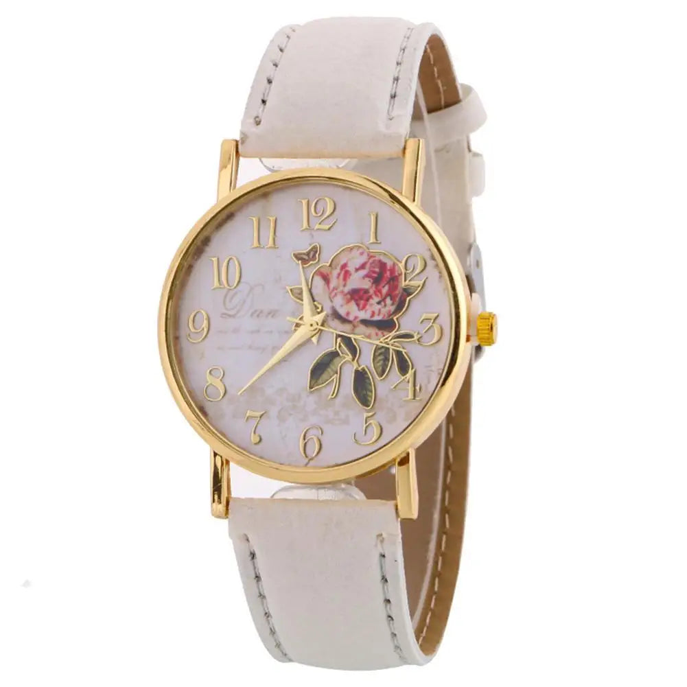 Rose Flower Round Dial Watch – Elegant Women’s Quartz Wristwatch with Faux Leather Band and Arabic Numbers – Montre Femme, Perfect Christmas Gift