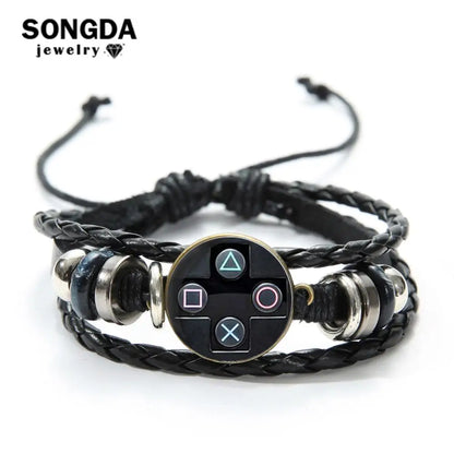 SONGDA Old Video Game Controller Leather Bracelet - Handmade Glass Gem Art Photo Charm, Novelty Jewelry for Men and Boys Gift