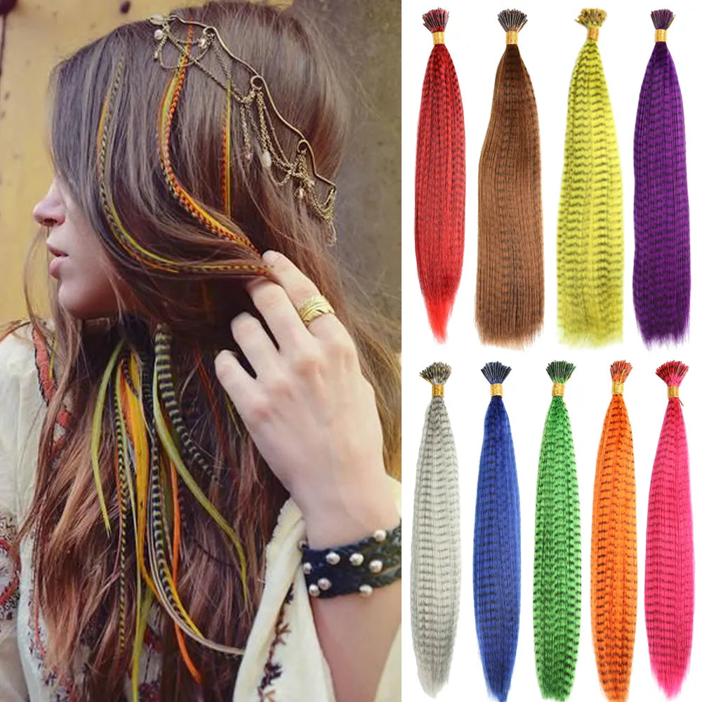 10-Piece I Tip Synthetic Hair Strands - Colored Feather Extension with Zebra Line Design, Hairpiece