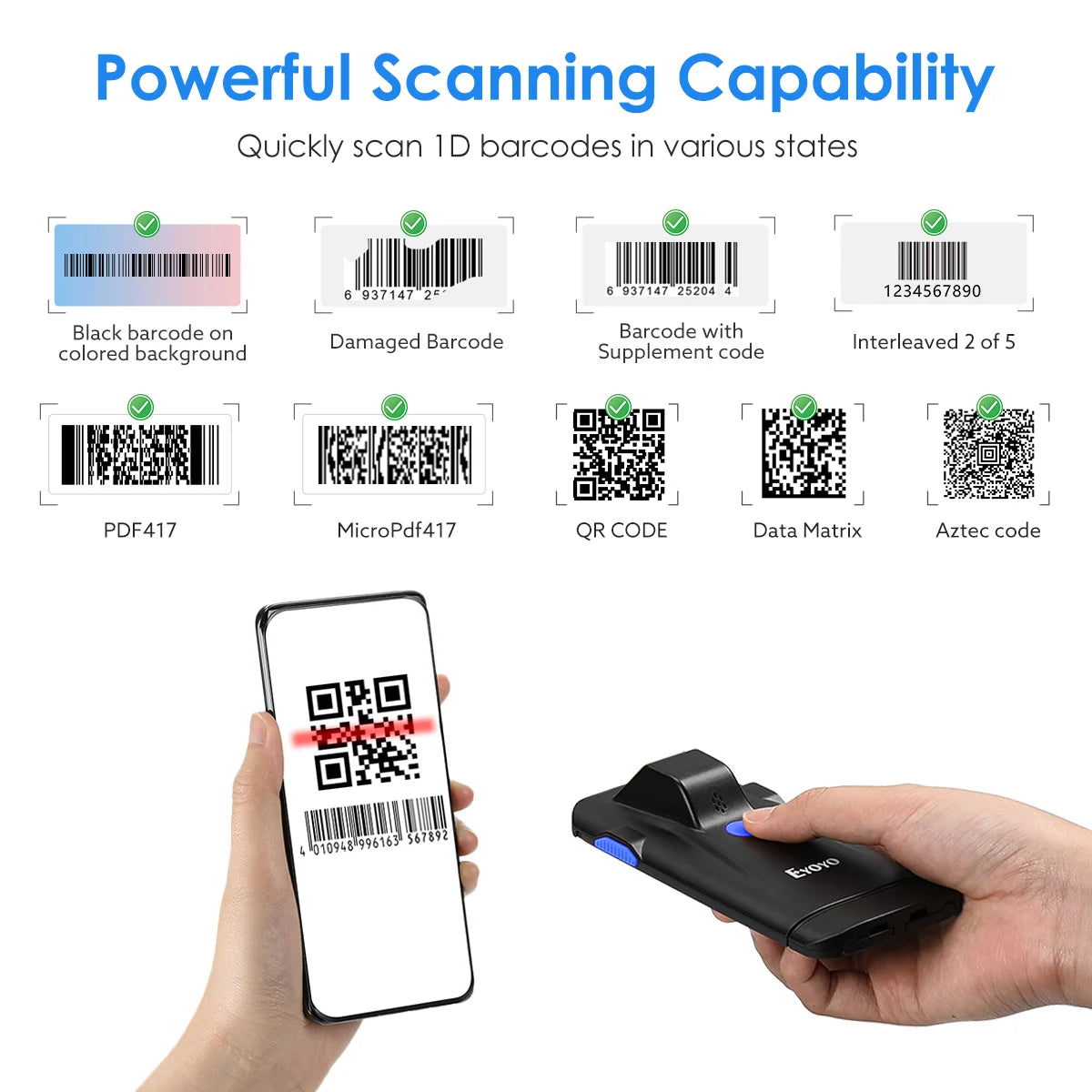 Eyoyo 2D Bluetooth Barcode Scanner – Portable Phone Back Clip, 1D/2D QR and Data Matrix Code Reader for Android/iOS