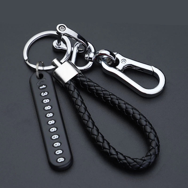 Anti-Lost Car Keychain | Phone Number Card Keyring | Leather Braided Rope | Auto Vehicle Key Chain Holder | Gift for Husband