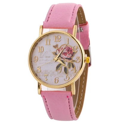 Rose Flower Round Dial Watch – Elegant Women’s Quartz Wristwatch with Faux Leather Band and Arabic Numbers – Montre Femme, Perfect Christmas Gift