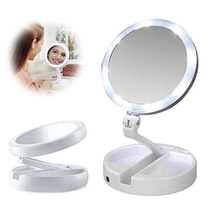 Portable Folding LED Makeup Mirror - 1x/10x Magnifying, Double-Sided, USB or Battery Operated, 270° Rotation