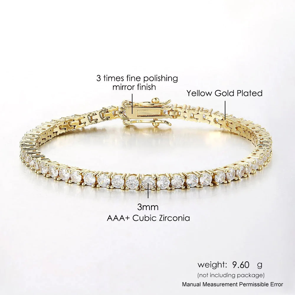 Iced Out Crystal Tennis Bracelet for Women - Punk Hip-Hop Luxury AAA+ Cubic Zirconia, Gold Color Wedding Hand Chain Jewelry OHH118