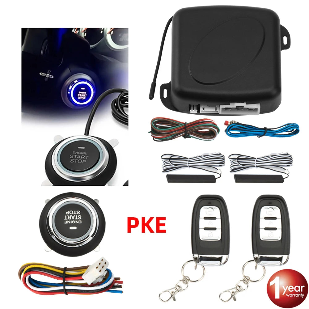 Convenient PKE Car Alarm System: Keyless Entry, Engine Start, and Remote Control - Push Button Starter with Auto Stop Feature