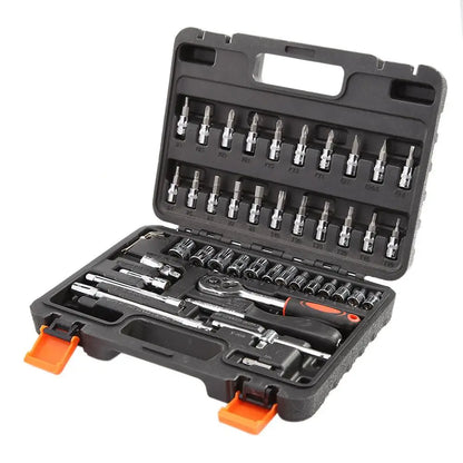 46-Piece Socket and Ratchet Spanner Wrench Set - Professional Car Repair Tool Kit with Screwdriver for Metalworking