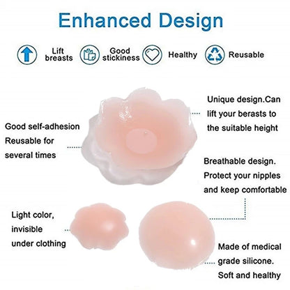 Invisible Silicone Breast Stickers: Reusable Nipple Cover Petals with Lift - Adhesive Strapless Backless Stick-on Bra for Women