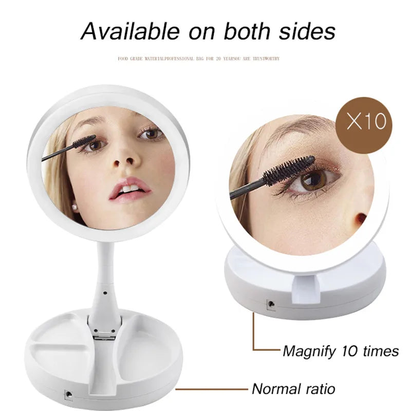 Portable Folding LED Makeup Mirror - 1x/10x Magnifying, Double-Sided, USB or Battery Operated, 270° Rotation