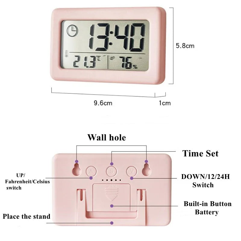 Mini Digital Clock Temperature Humidity - Portable Table Clock Thermometer Hygrometer - 12/24H Battery Operated LED Clock