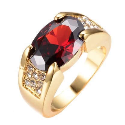 Luxury Oval Zircon Engagement Ring - Red Crystal Stone, 18KT Yellow Gold Colored Thin Wedding Ring for Men and Women