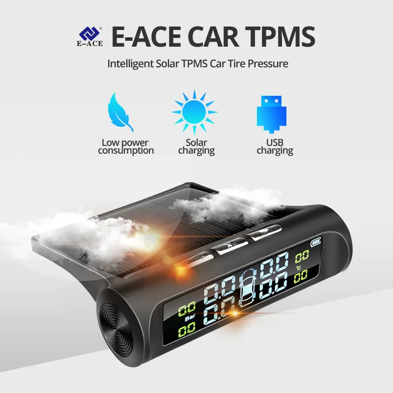 E-ACE Solar Power TPMS Car Tire Pressure Alarm Monitor System - Auto Security Alarm with Tyre Pressure and Temperature Warning