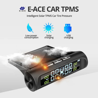 E-ACE Solar Power TPMS Car Tire Pressure Alarm Monitor System - Auto Security Alarm with Tyre Pressure and Temperature Warning