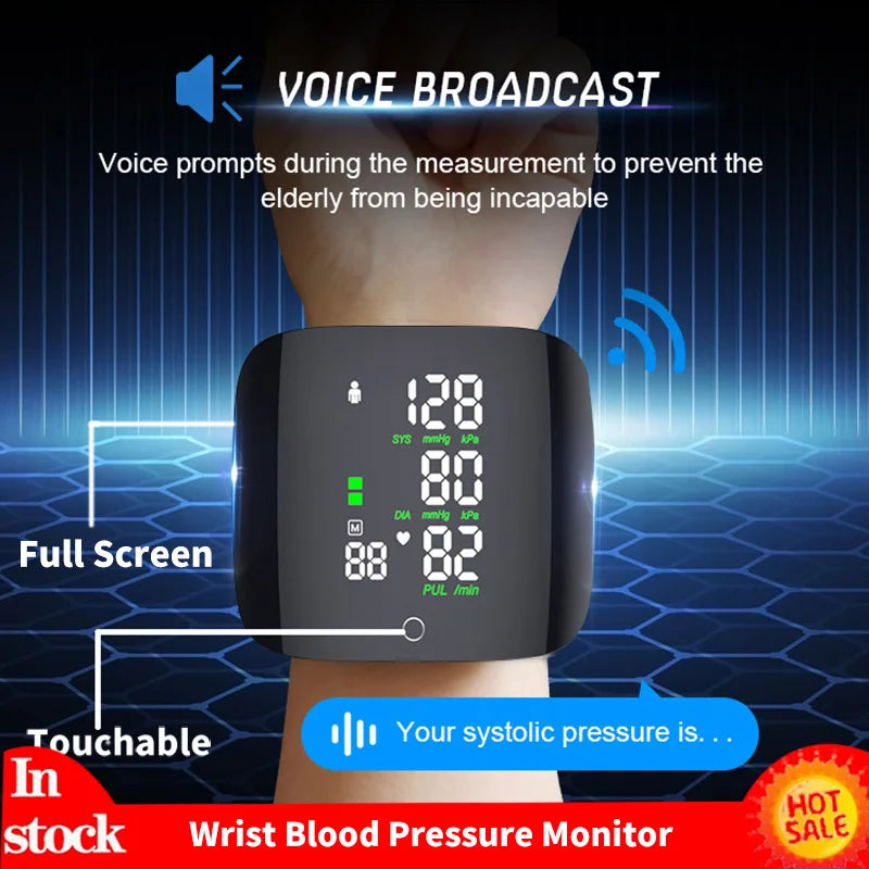 Smart Touch LCD Screen Blood Pressure Monitor – Chargeable Voice Wrist BP Tonometer, Digital Automatic Heart Rate Sphygmomanometer