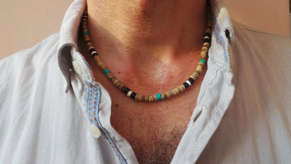 Men's African Beaded Necklace – Surfer Style Wooden Beach Jewelry – Perfect Gift for Men