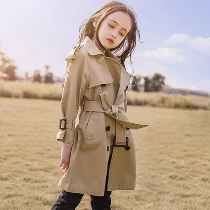 Teen Girls Long Trench Coat for Ages 4-13 - New Fashion England Style Windbreaker Jacket, Spring/Autumn Children's Clothing