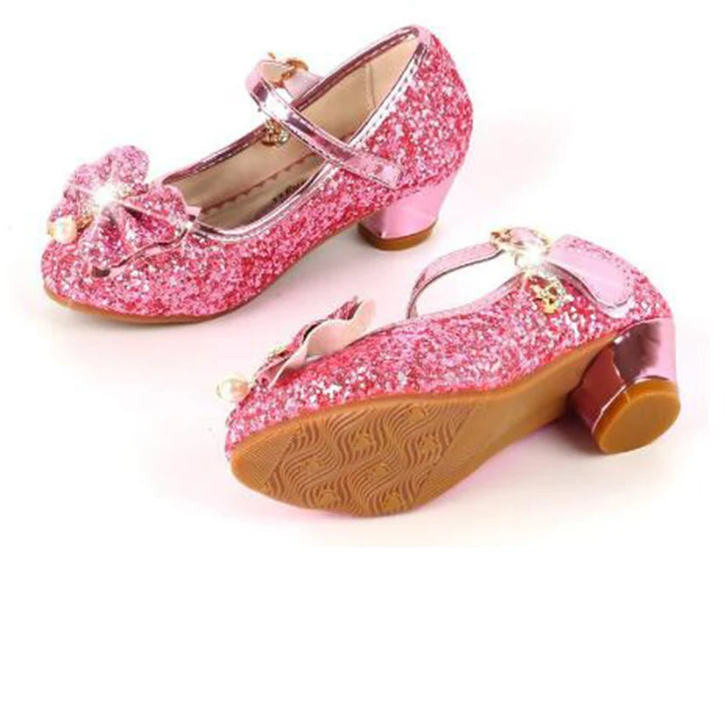 Princess Butterfly Leather Shoes – Kids’ Diamond Bowknot High Heel Glitter Dance Shoes for Girls, Party and Fashion