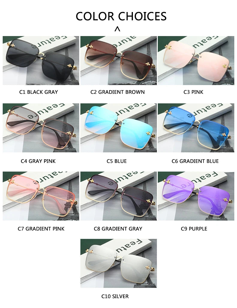 New Fashion Lady Oversize Rimless Square Bee Sunglasses: Women Men Small Gradient Sun Glasses, Female UV400