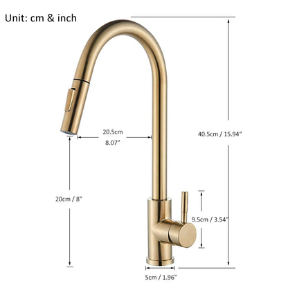 Quyanre Brushed Gold Kitchen Faucet - Pull Out Sink Water Tap, Single Handle Mixer Tap with 360 Rotation, Kitchen Shower Faucet