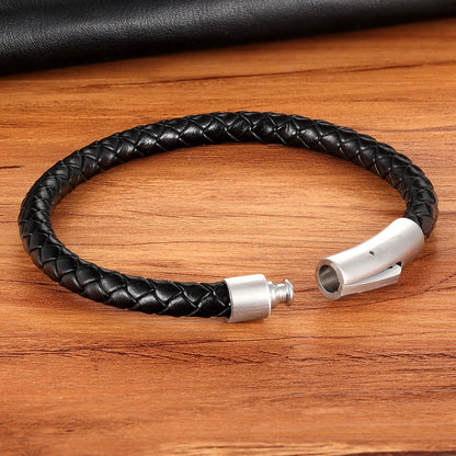 XQNI New Classic Style Men Leather Bracelet - Simple Black Stainless Steel Button Neutral Hand-woven Accessories, Jewelry Gift