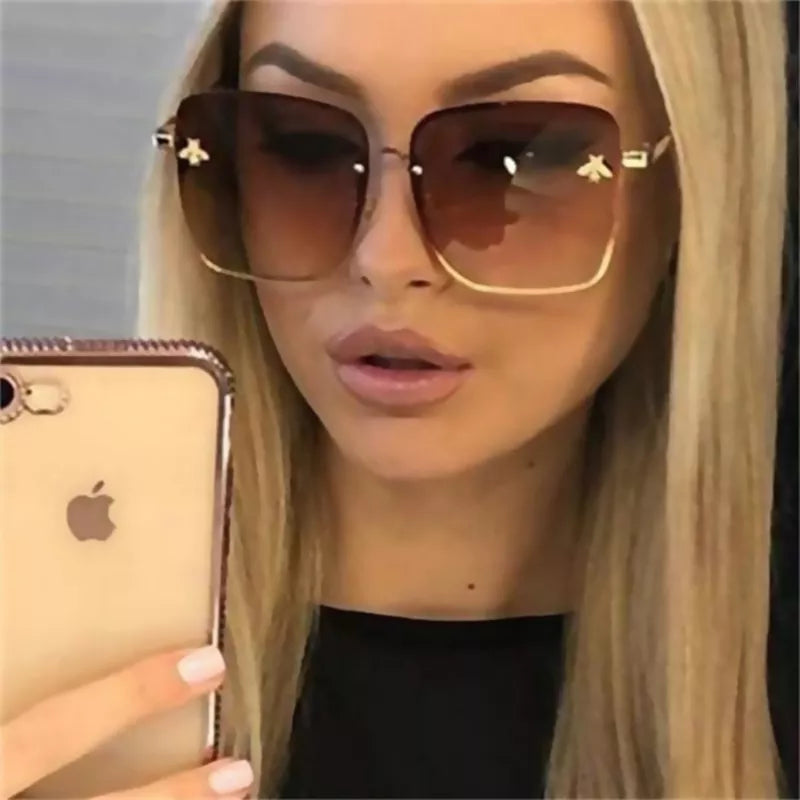 New Fashion Lady Oversize Rimless Square Bee Sunglasses: Women Men Small Gradient Sun Glasses, Female UV400