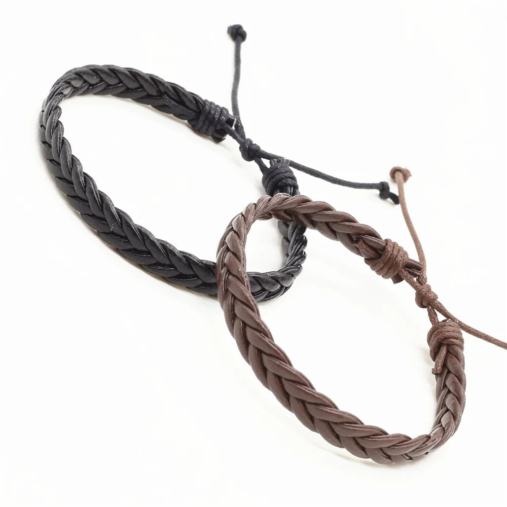 Trendy Handmade Black & Brown Weave PU Leather Bracelet – Fashionable Jewelry for Men and Women