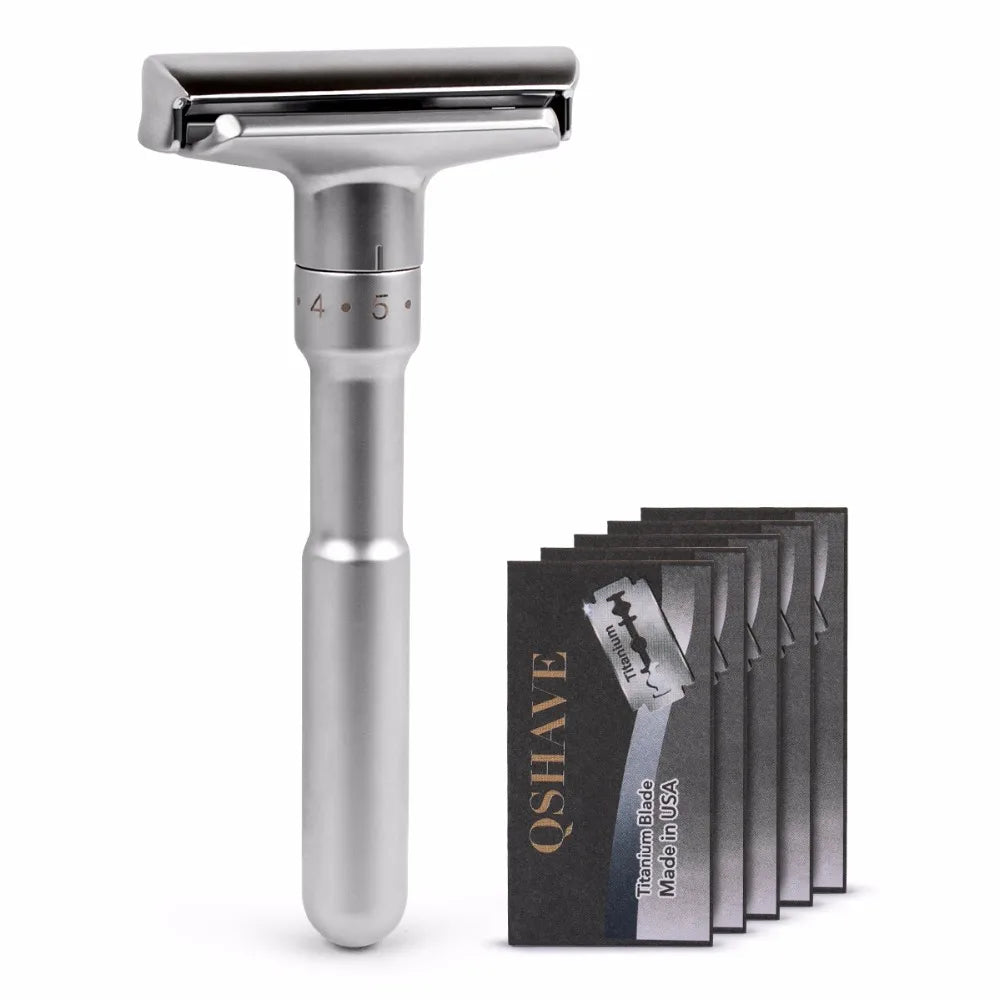 QSHAVE Adjustable Safety Razor Double Edge - Classic Men's Shaving Tool - Mild to Aggressive Hair Removal - 1-6 File Shaver with 5 Blades