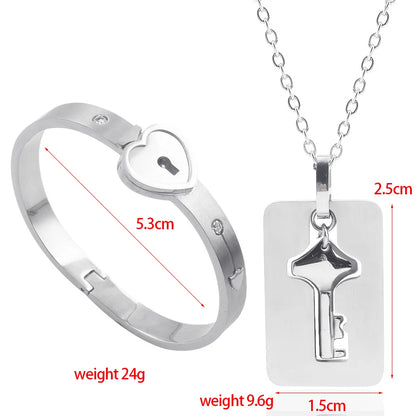 Stainless Steel Couple Jewelry Set - Love Heart Lock Bracelet with Key Pendant Necklace for Men and Women - Perfect Lover's Gift