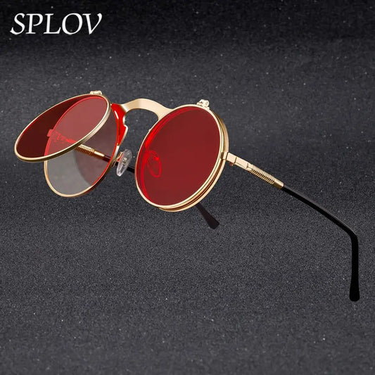 Vintage Steampunk Round Metal Sunglasses - Retro Designer Circle Flip Glasses for Men and Women