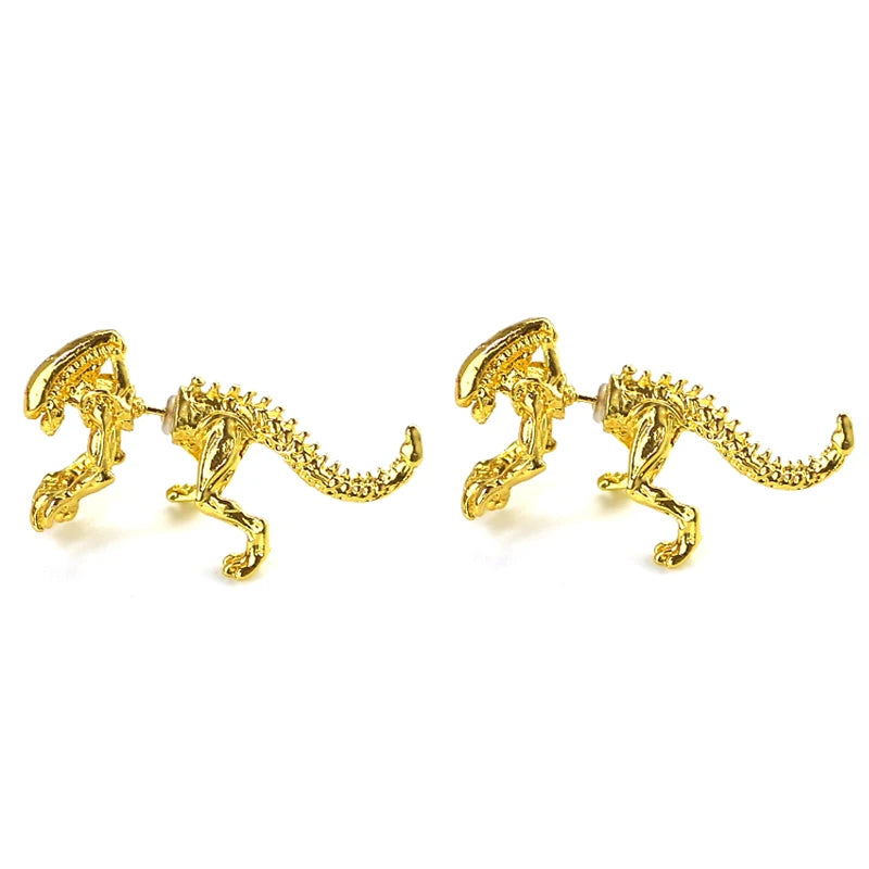 Cool Alien Earrings - Black Enamel 3D Stud Earrings for Women, Scary Dinosaur Animal Piercing Jewelry Gift