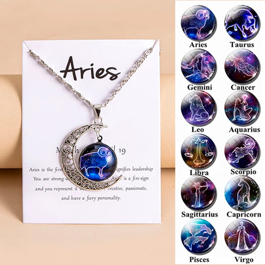 Vintage Zodiac Sign Moon Pendant Necklaces - Galaxy Star Glass with Gift Cards, 12 Signs Available