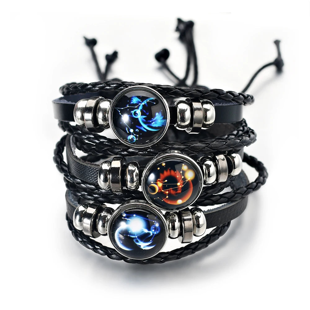 12 Zodiac Signs Constellation Bracelet - Multi-Layer Woven Leather, Trendy Accessories for Men & Women, Couple Bracelet