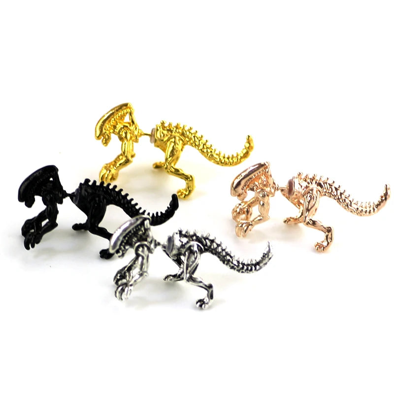 Cool Alien Earrings - Black Enamel 3D Stud Earrings for Women, Scary Dinosaur Animal Piercing Jewelry Gift