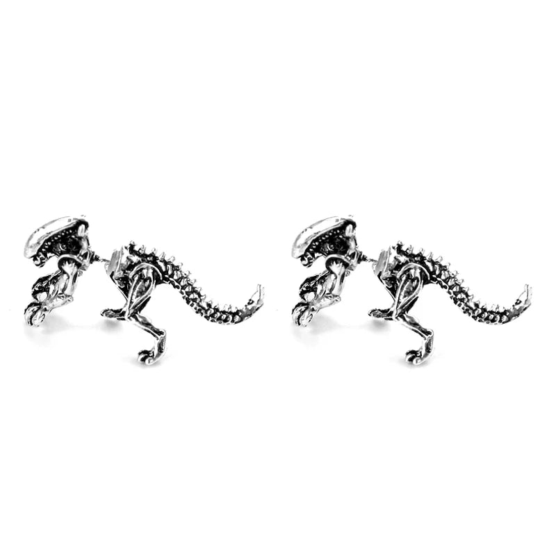 Cool Alien Earrings - Black Enamel 3D Stud Earrings for Women, Scary Dinosaur Animal Piercing Jewelry Gift