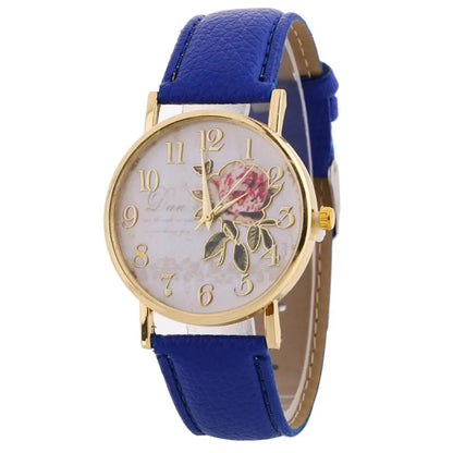 Rose Flower Round Dial Watch – Elegant Women’s Quartz Wristwatch with Faux Leather Band and Arabic Numbers – Montre Femme, Perfect Christmas Gift