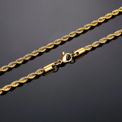 Men's Long Twist Rope Chain Necklace | Stainless Steel Minimalist Design | Available in Gold and Silver Colors | 2 to 5mm