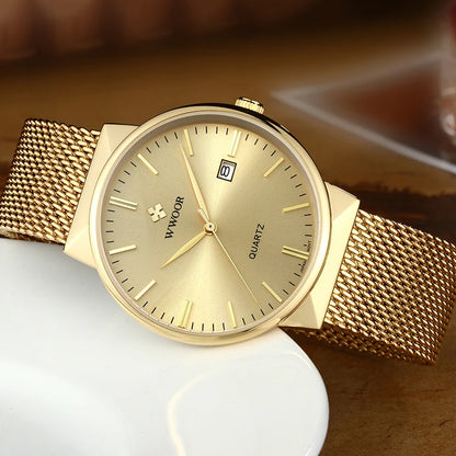 WWOOR Men’s Slim Watch – Luxury Brand Gold Steel Mesh, Ultra-Thin, Waterproof Date Wrist Watch, Golden Clock with Box