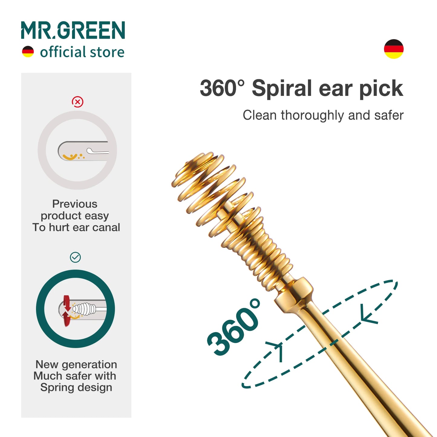 MR.GREEN Ear Wax Removal Tool - 360° Spiral Massage Ear Pick - Stainless Steel Flexible Design Ear Care Cleaner