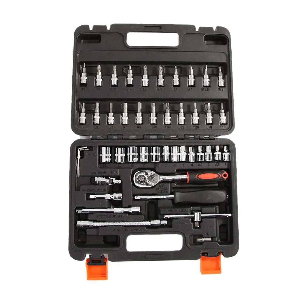 46-Piece Socket and Ratchet Spanner Wrench Set - Professional Car Repair Tool Kit with Screwdriver for Metalworking