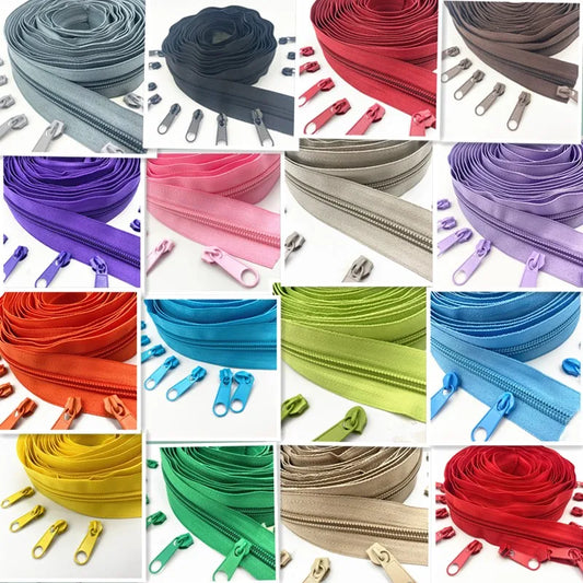 5 Meters (5.4 Yards) #5 Nylon Coil Zipper - 20 Colors, Includes 10 Zipper Sliders for DIY Sewing and Clothing Accessories