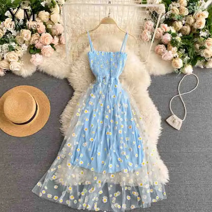 Korean Chic: YuooMuoo Daisy Flower Print Mesh Party Dress - Summer Spaghetti Strap Midi Dress, Two Layers, Beach Vacation Vestidos