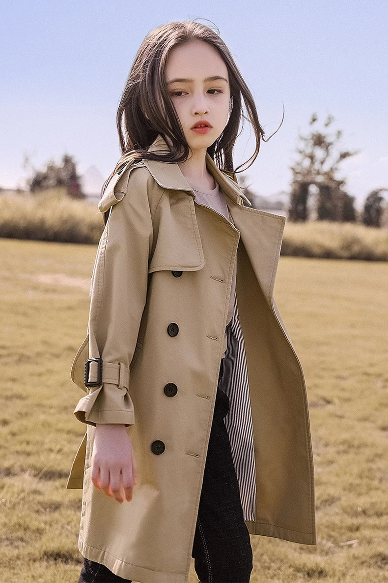 Teen Girls Long Trench Coat for Ages 4-13 - New Fashion England Style Windbreaker Jacket, Spring/Autumn Children's Clothing