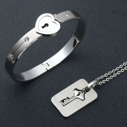 Stainless Steel Couple Jewelry Set - Love Heart Lock Bracelet with Key Pendant Necklace for Men and Women - Perfect Lover's Gift