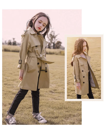 Teen Girls Long Trench Coat for Ages 4-13 - New Fashion England Style Windbreaker Jacket, Spring/Autumn Children's Clothing