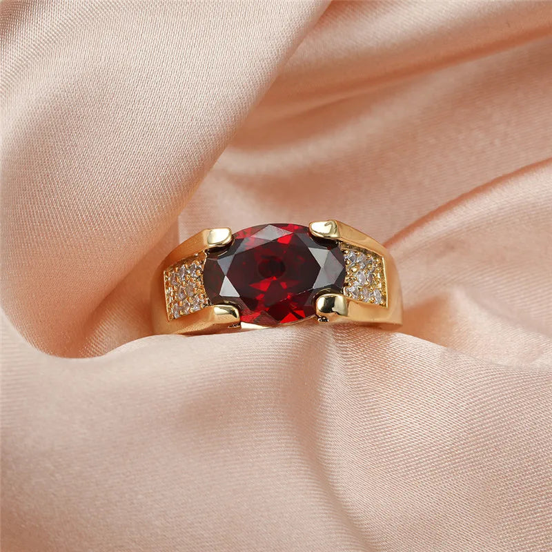 Luxury Oval Zircon Engagement Ring - Red Crystal Stone, 18KT Yellow Gold Colored Thin Wedding Ring for Men and Women