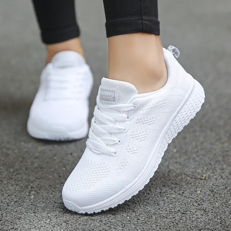 Women's Casual Fashion Sneakers: Breathable Walking Mesh Flat Shoes - Gym Vulcanized White Female Footwear