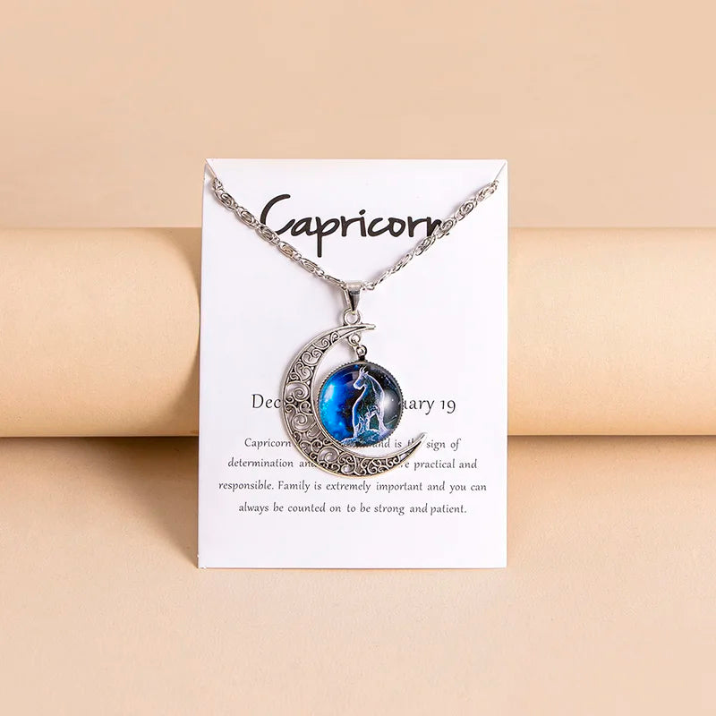 Vintage Zodiac Sign Moon Pendant Necklaces - Galaxy Star Glass with Gift Cards, 12 Signs Available