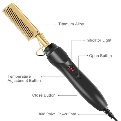 2 in 1 Electric Hot Heating Comb: Hair Straightener Curler Wet Dry Hair Iron - Straightening Brush Styling Tool