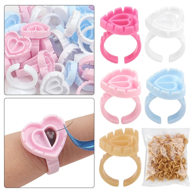 100 PCS Disposable Heart-Shaped Glue Ring Cups - Plastic Eyelash Extension Tattoo Pigment Holder Pallet, Lash Makeup Tools